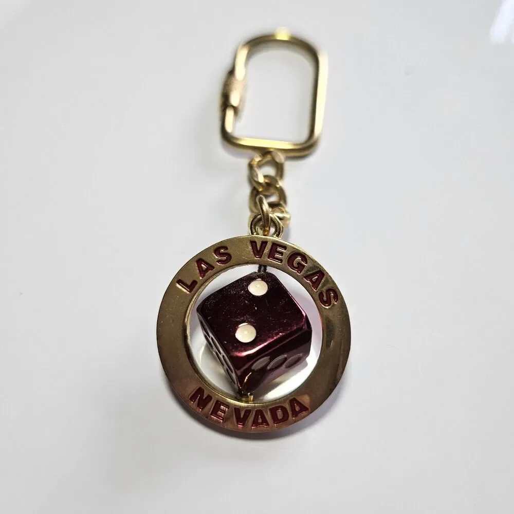 Las Vegas Gold Tone Nevada Souvenir spinning Dice keyring chain keychain 1.5